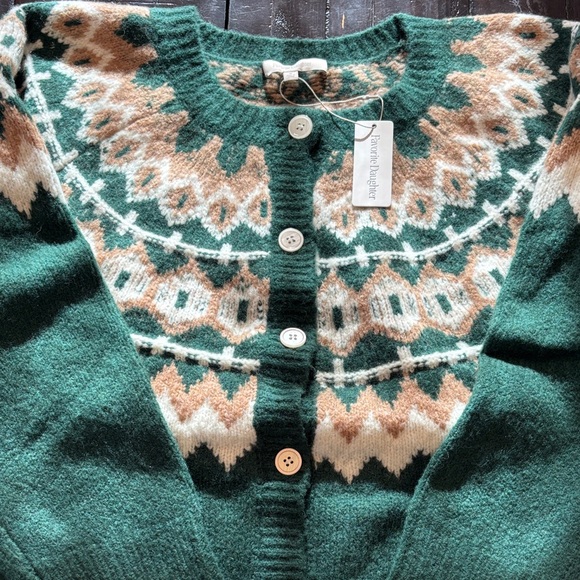 Favorite Daughter Sweaters - Favorite Daughter Nordic Pattern Cardigan - Green and Tan